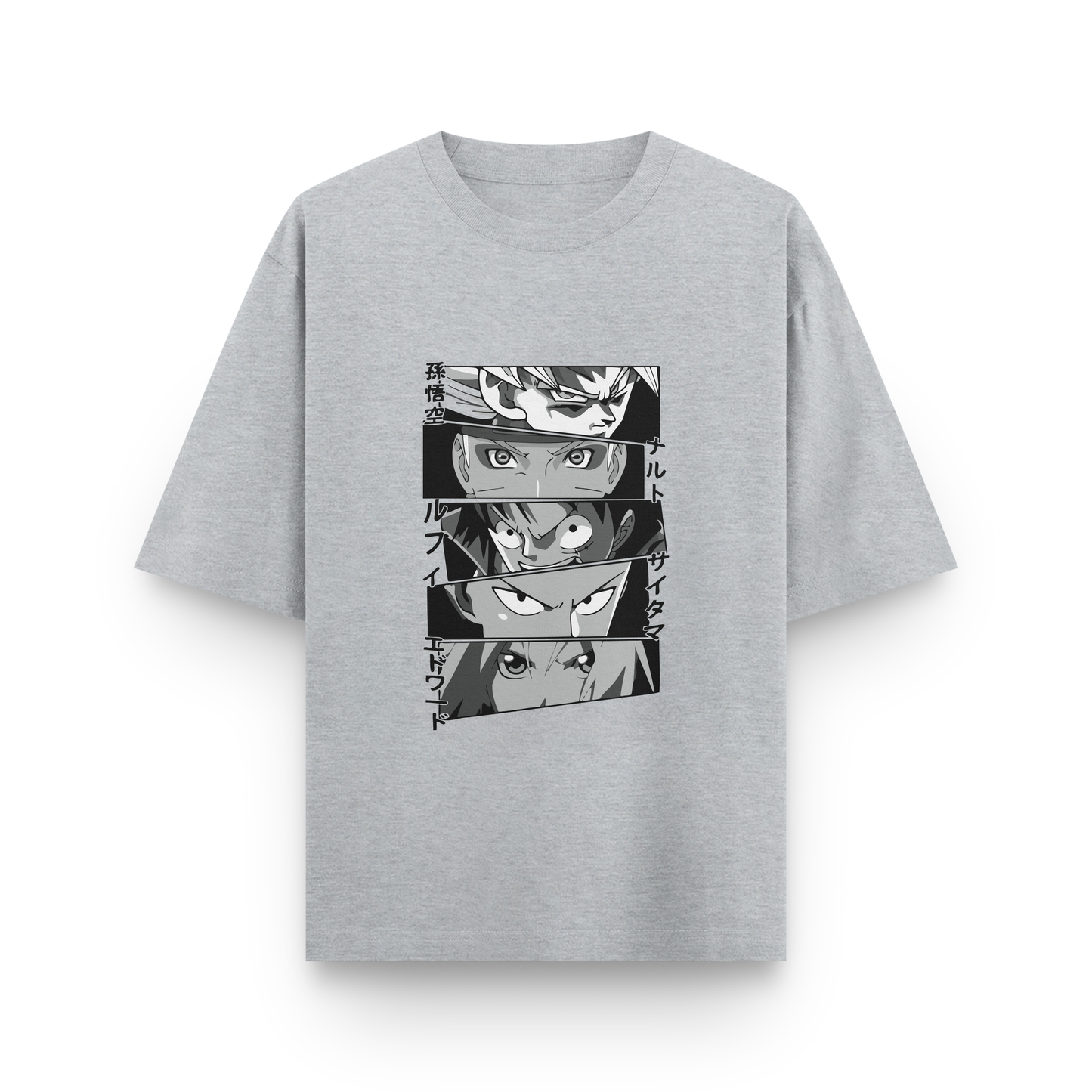 Anime Icons Panel Oversized T-Shirt – Noir & Lin India Grey Melange