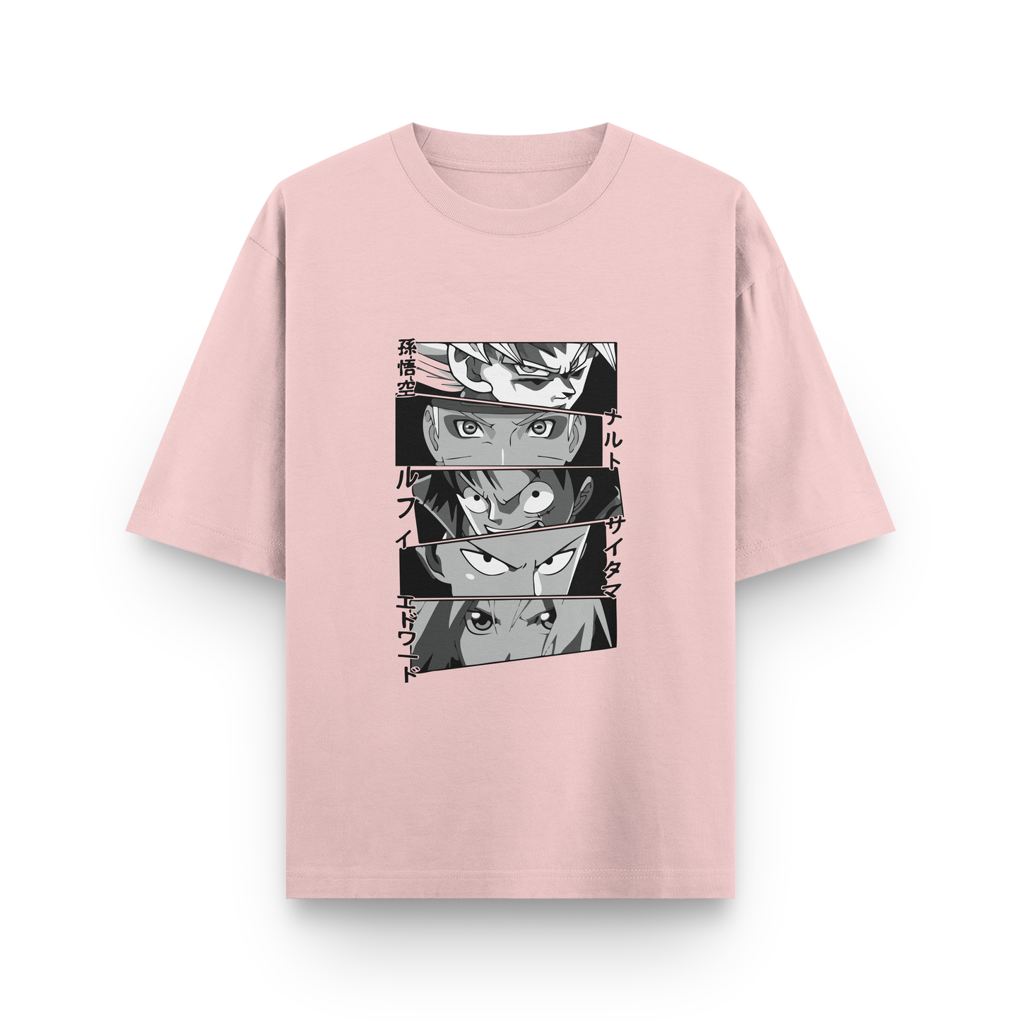 Anime Icons Panel Oversized T-Shirt – Noir & Lin India Light Baby Pink