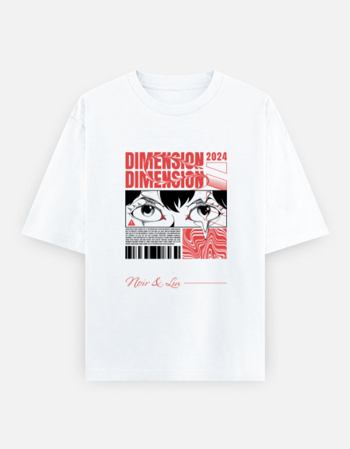 Dimension 2024 – Oversized Graphic Tee – Noir & Lin India White