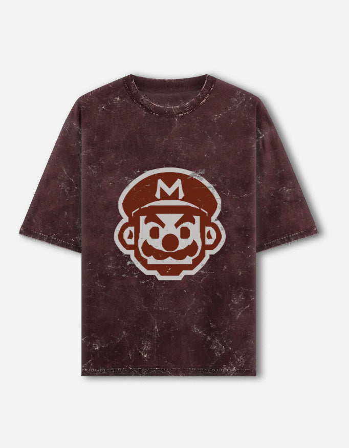 Retro Grunge Mario-Acid-Wash Oversized Tee – Noir & Lin India Maroon