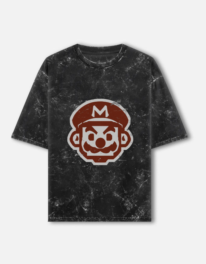 Retro Grunge Mario-Acid-Wash Oversized Tee – Noir & Lin India Black
