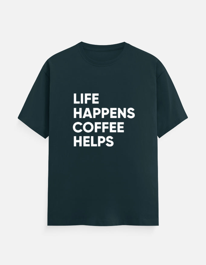 Life Happens, Coffee Helps Tee Unisex T-Shirt – Noir & Lin India Petrol Blue