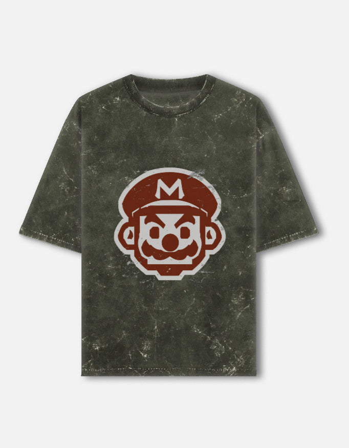 Retro Grunge Mario-Acid-Wash Oversized Tee – Noir & Lin India Olive Green