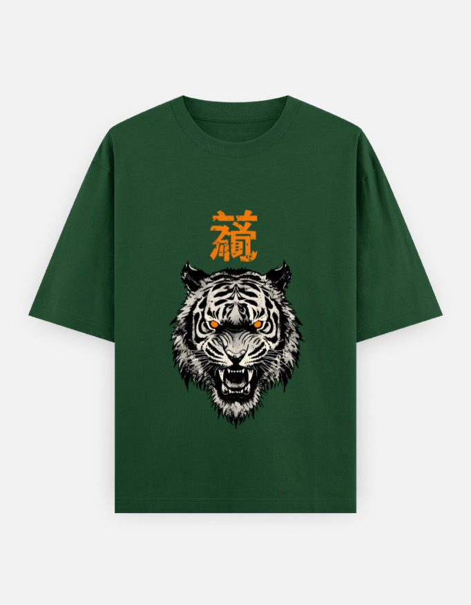 Tiger Spirit Oversized Heavyweight T-Shirt – Noir & Lin India Bottle Green