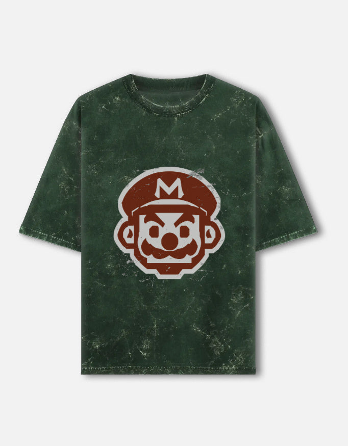 Retro Grunge Mario-Acid-Wash Oversized Tee – Noir & Lin India Bottle Green