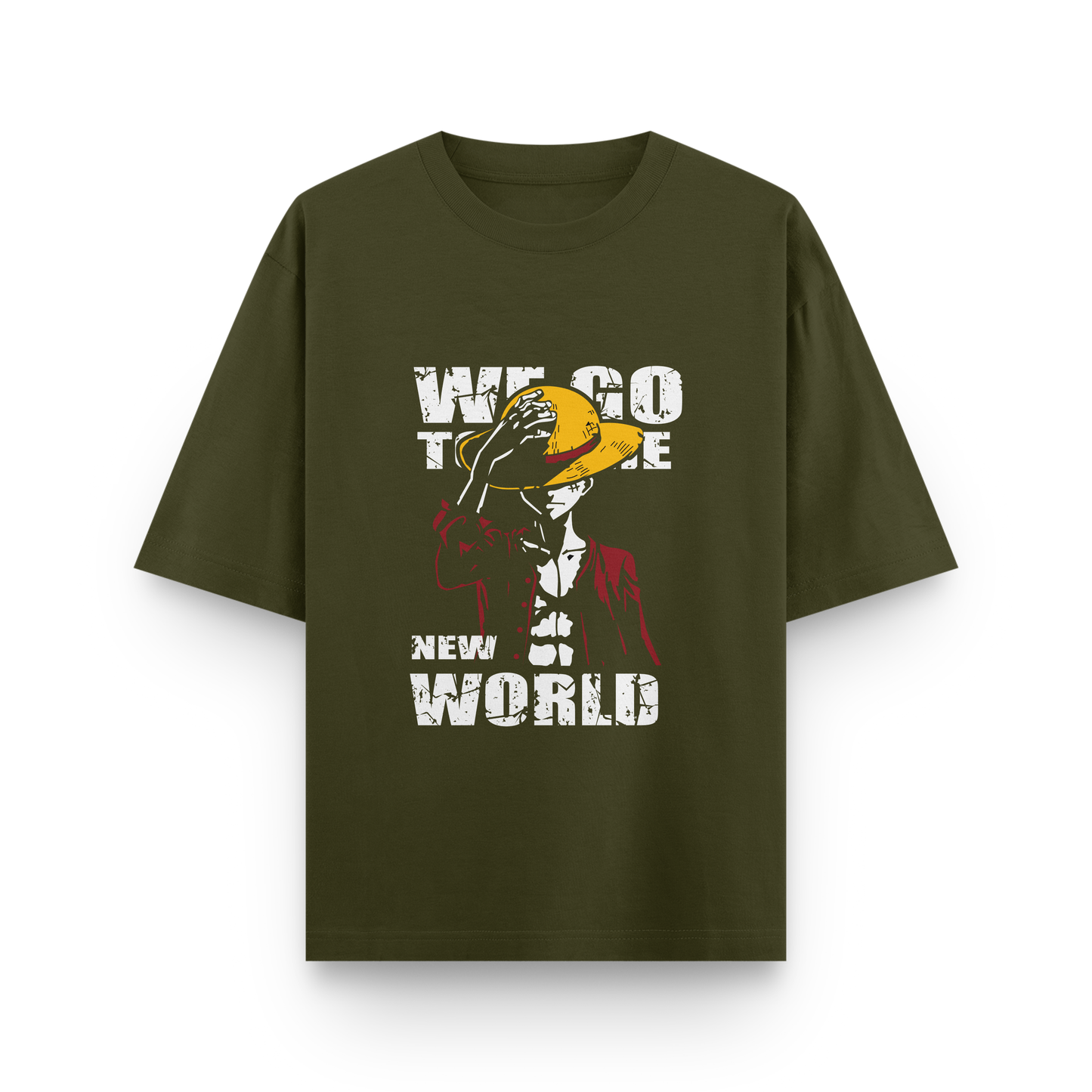 ONE PIECE Front & Back Print Oversized T-Shirt – Noir & Lin India Olive Green