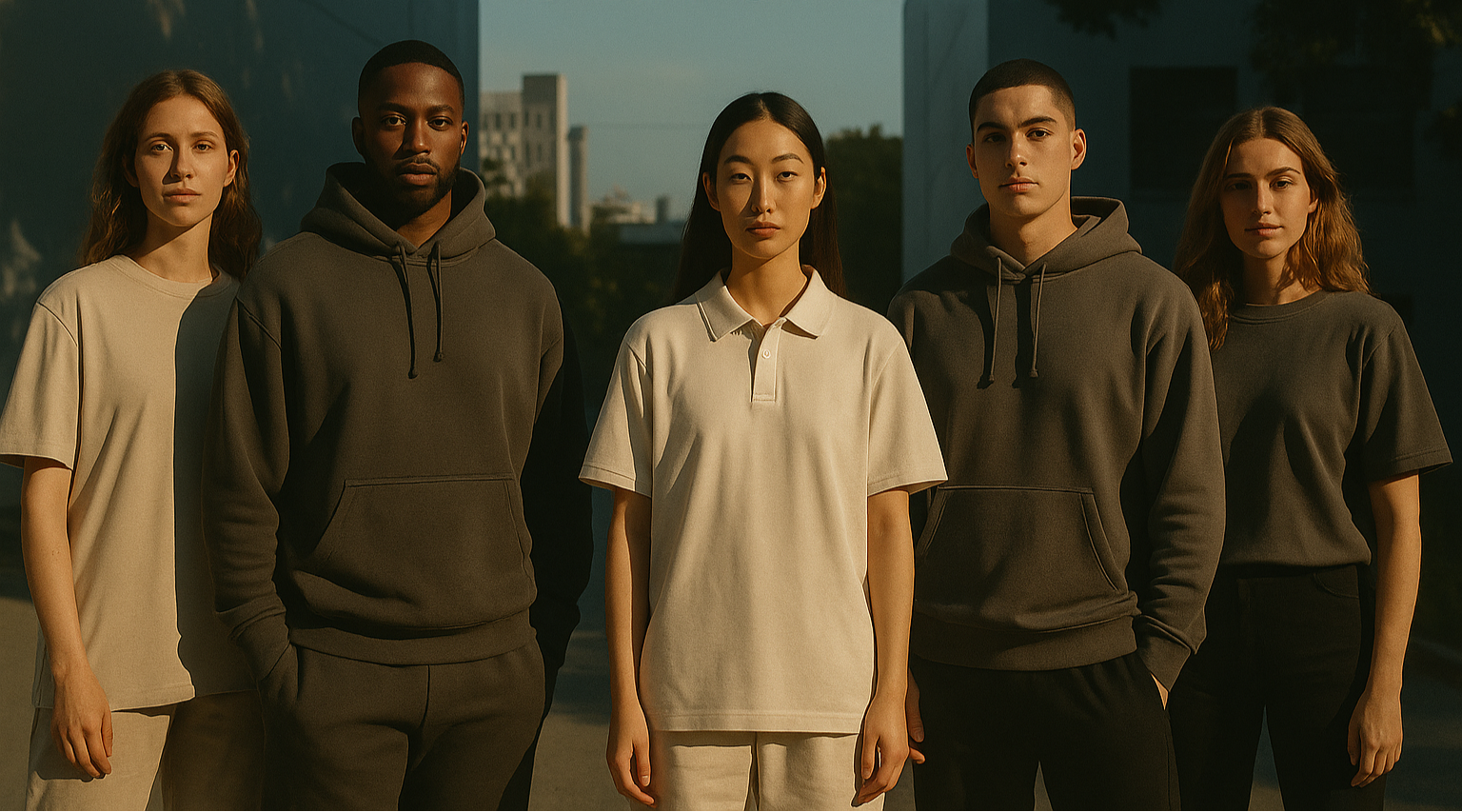 Noir & Lin minimalist streetwear collection featuring diverse models in oversized hoodies, polo shirts, and t-shirts in neutral tones, showcasing premium urban fashion for ages 18-40 in India