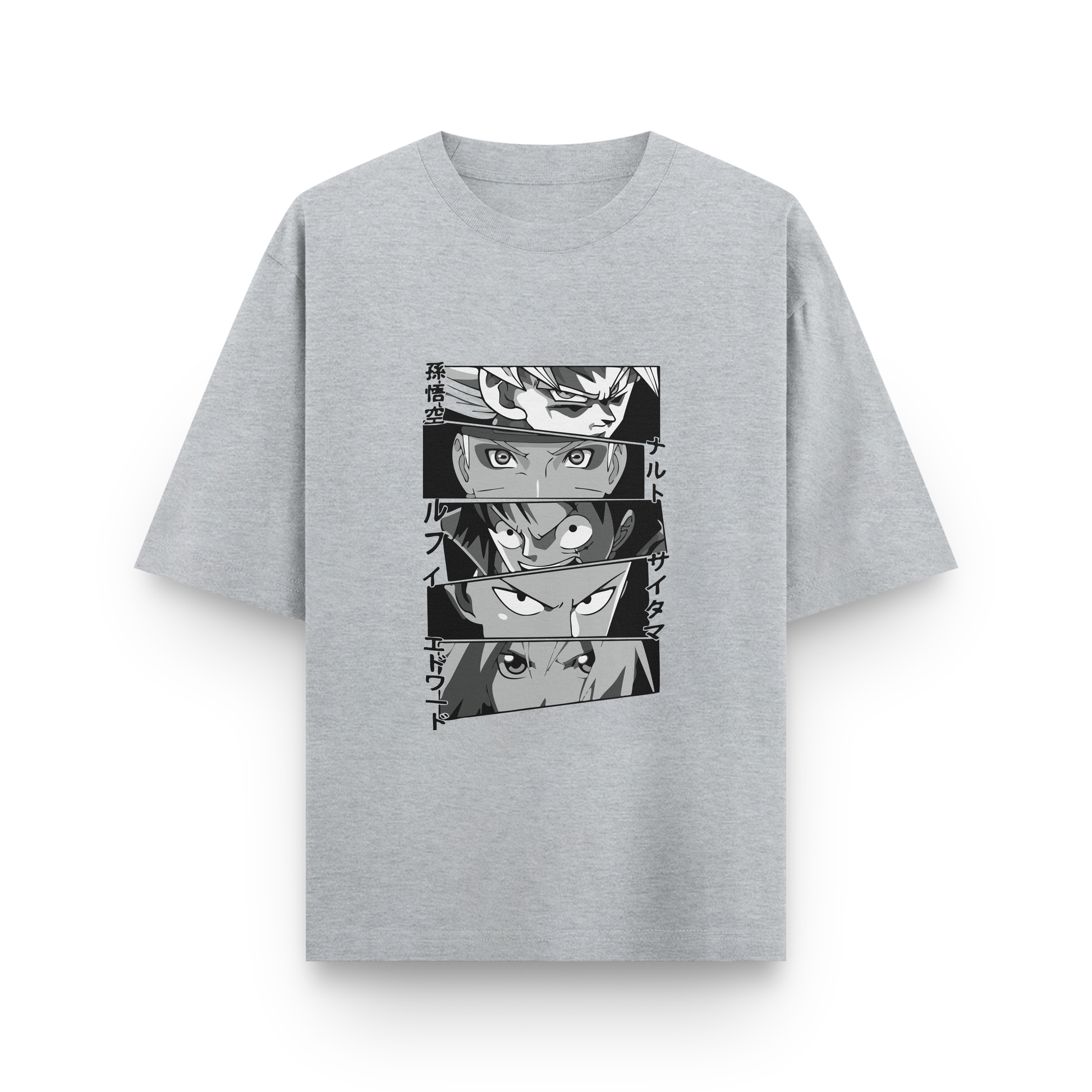 Anime Icons Panel Oversized T-Shirt – Noir & Lin India Grey Melange