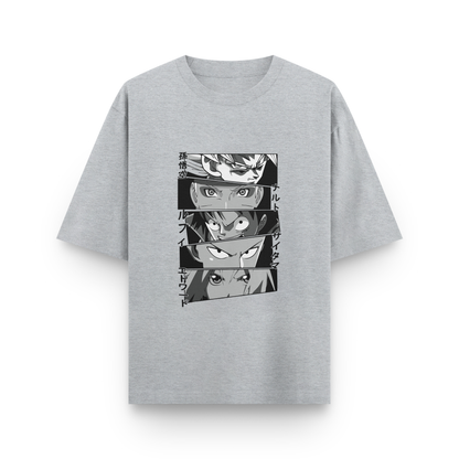 Anime Icons Panel Oversized T-Shirt – Noir & Lin India Grey Melange