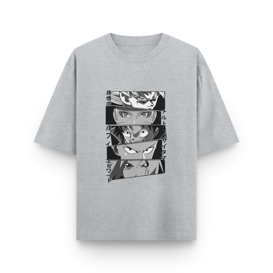 Anime Icons Panel Oversized T-Shirt – Noir & Lin India Grey Melange