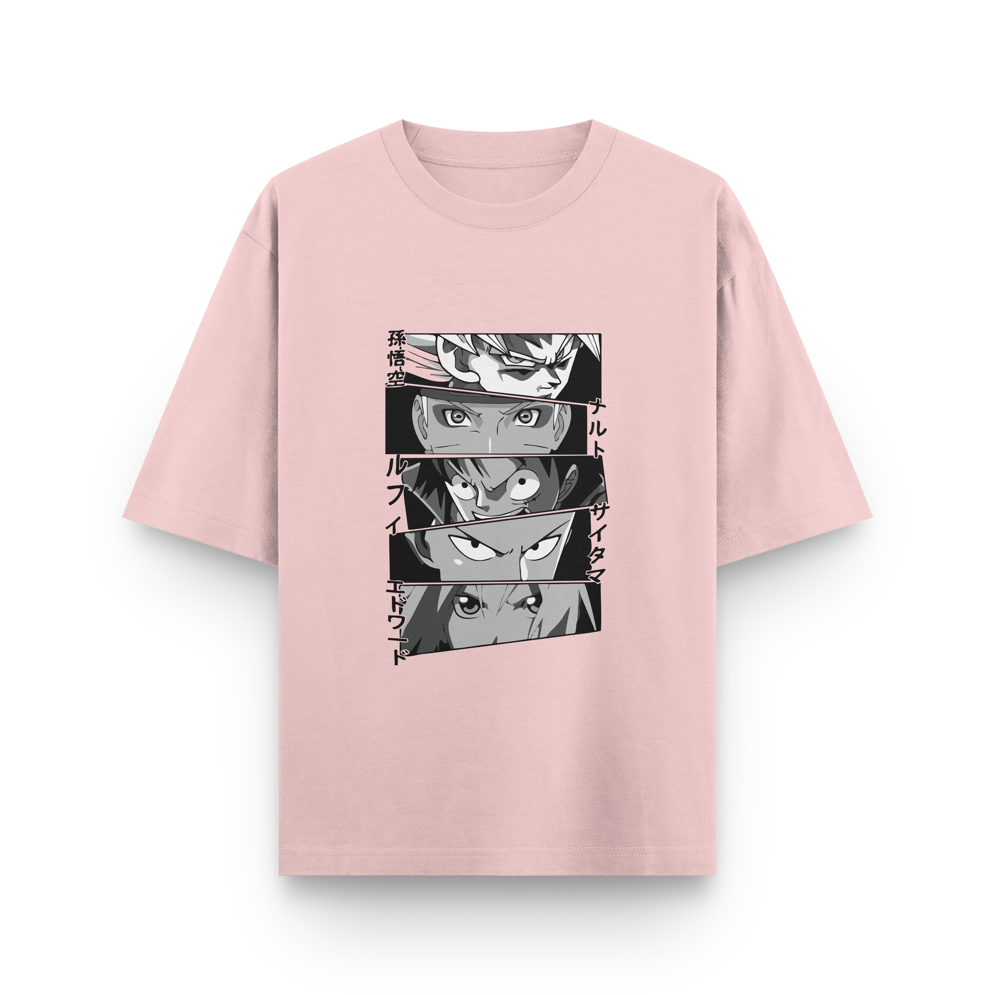 Anime Icons Panel Oversized T-Shirt – Noir & Lin India Light Baby Pink