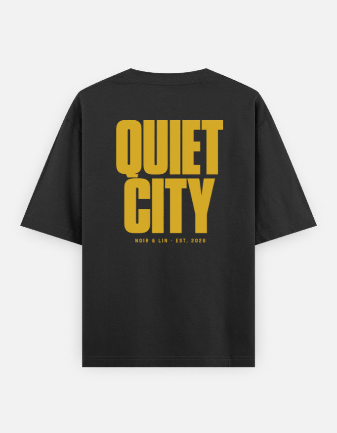 Noir & Lin QUIET CITY oversized graphic tee in Black, back view