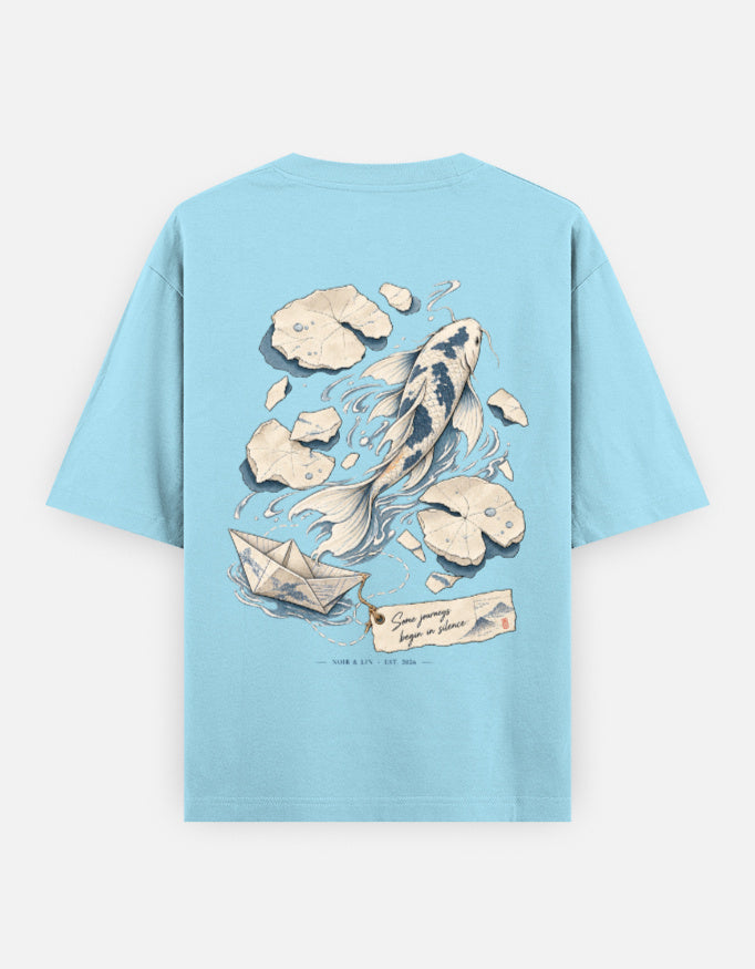 Noir & Lin KOI SILENCE oversized graphic tee in Baby Blue, koi back print