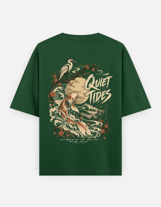 Noir & Lin QUIET TIDES oversized graphic tee in Bottle Green, back view