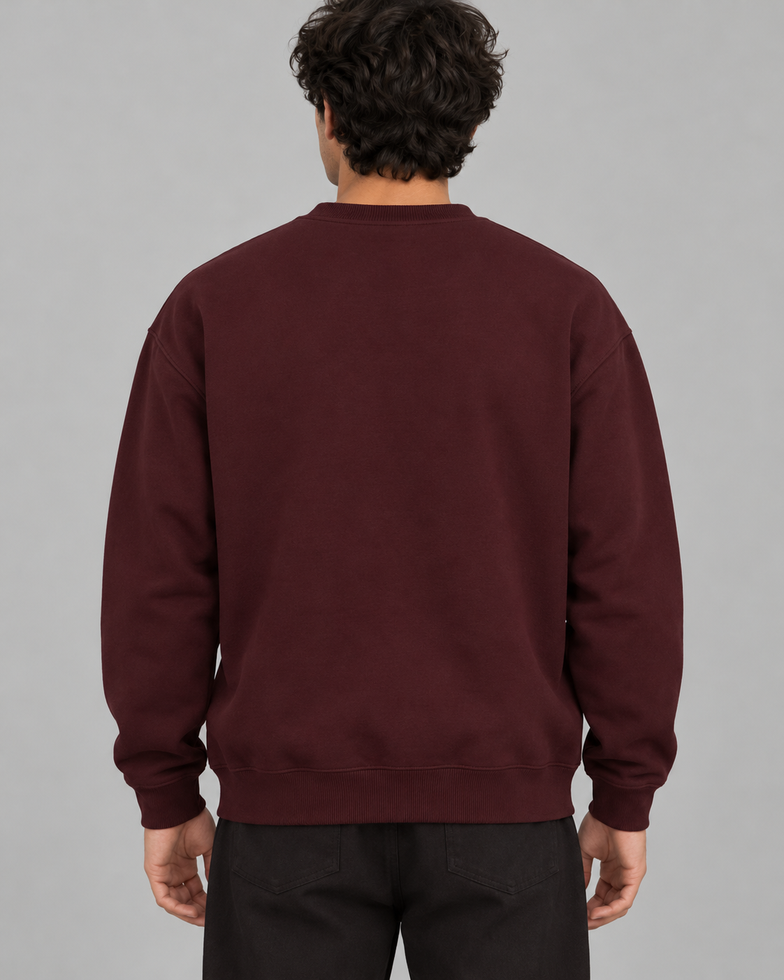 Noir & Lin PRESENCE crewneck sweatshirt in Maroon, back view on model (AI-generated model image)