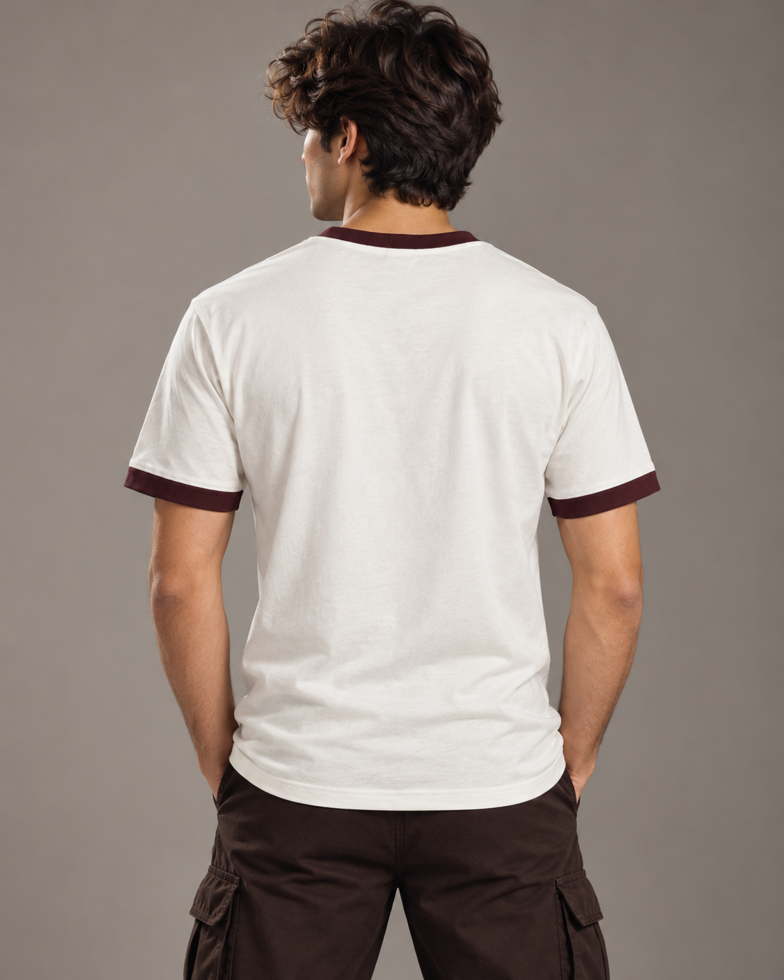 Noir & Lin STAG ringer tee in Off White with Maroon trims, back view on model (AI-generated model image)