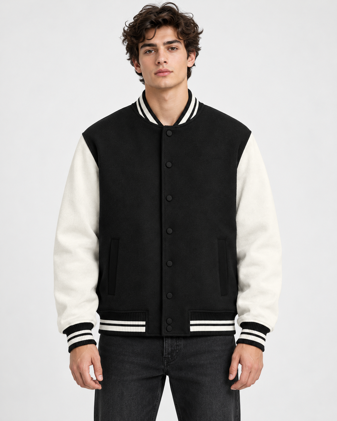Noir & Lin varsity jacket in Black, model portrait (AI-generated model image)