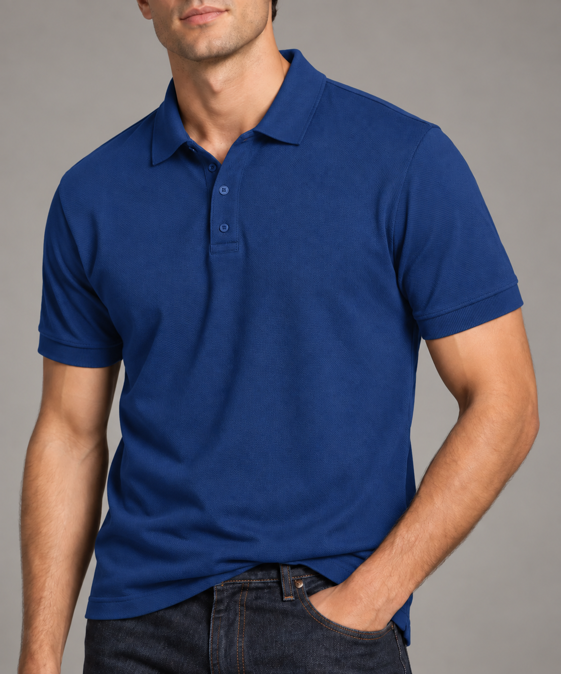 Men's solid polo t-shirt in Blue, 220 GSM Airtex cotton, studio portrait | Noir & Lin