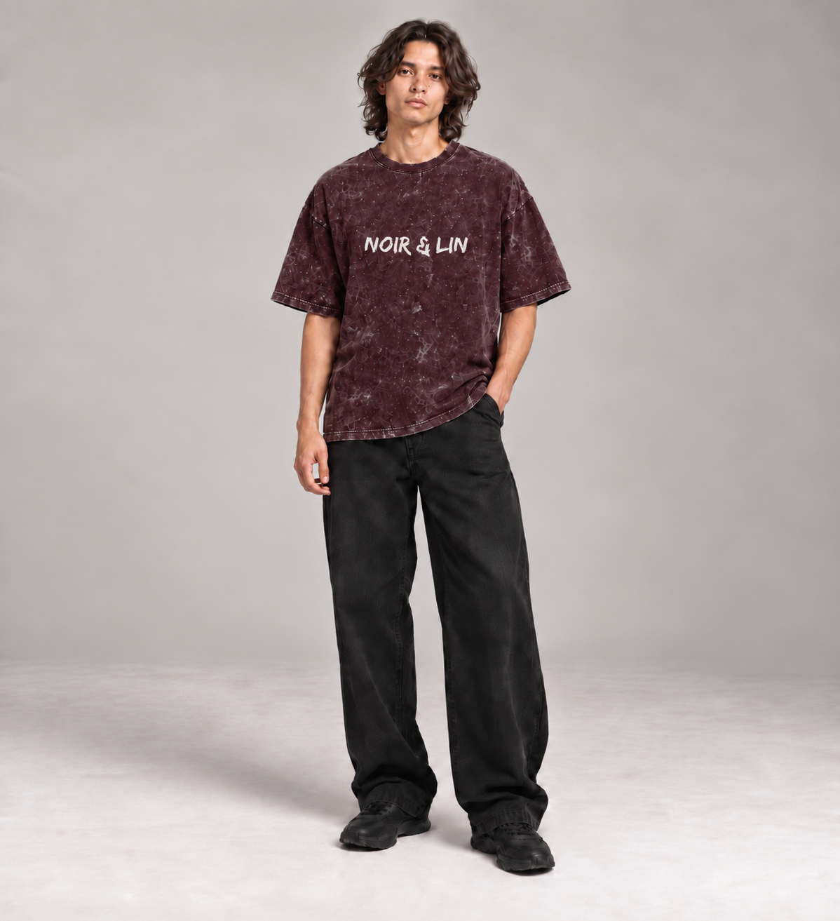 Noir & Lin Signature acid wash oversized tee in Maroon, 240 GSM, model portrait