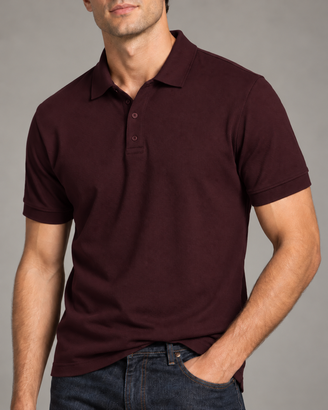 Men's solid polo t-shirt in Burgundy, 220 GSM Airtex cotton, studio portrait | Noir & Lin