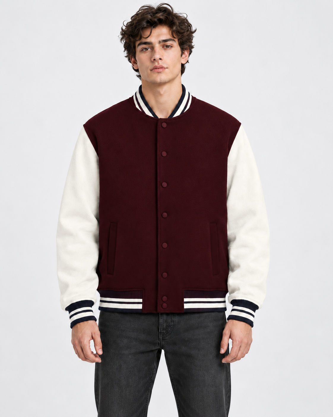Noir & Lin varsity jacket in Maroon, studio portrait (AI-generated model image)