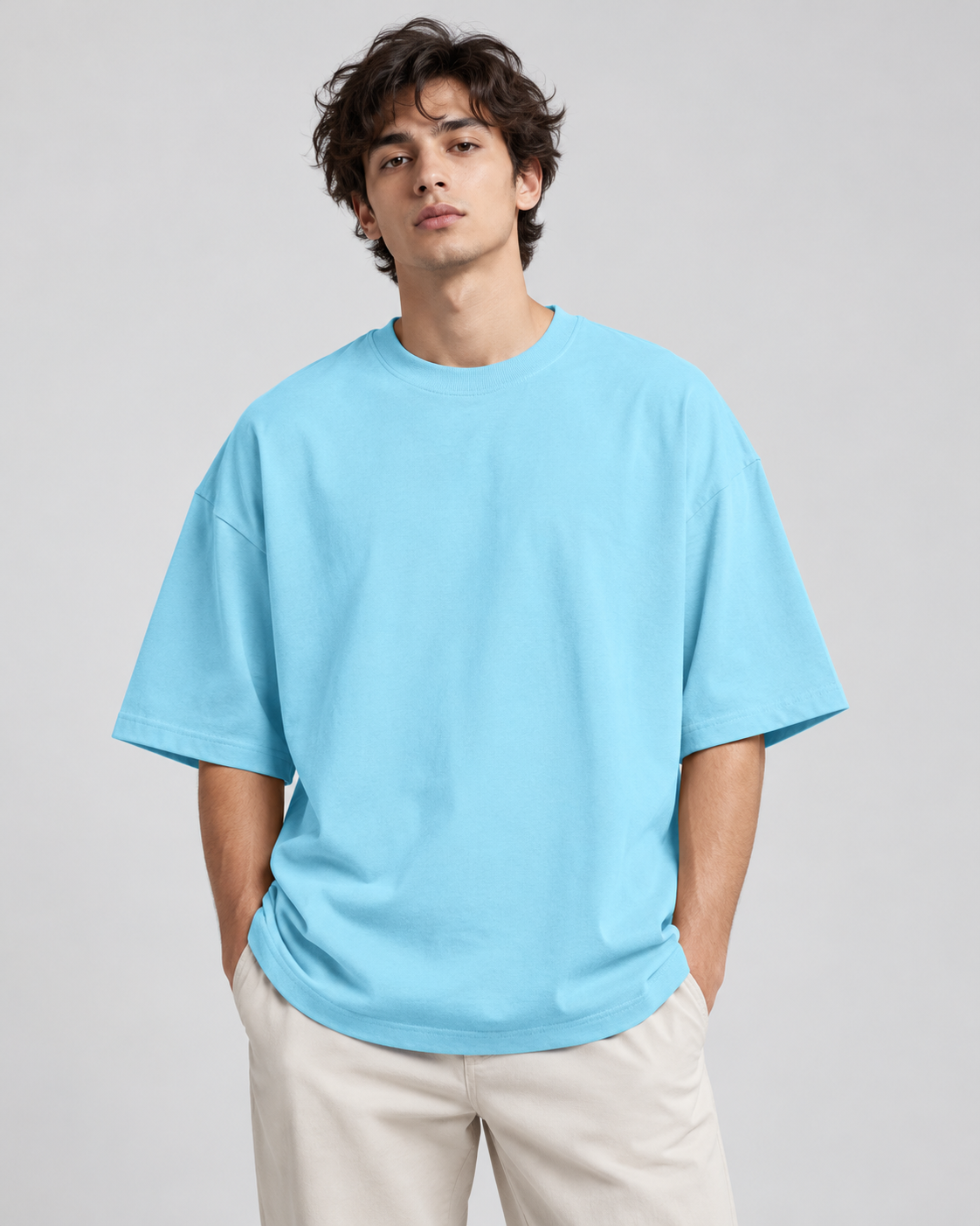 Noir & Lin KOI SILENCE oversized graphic tee in Baby Blue, model photo 2 (AI-generated model image)