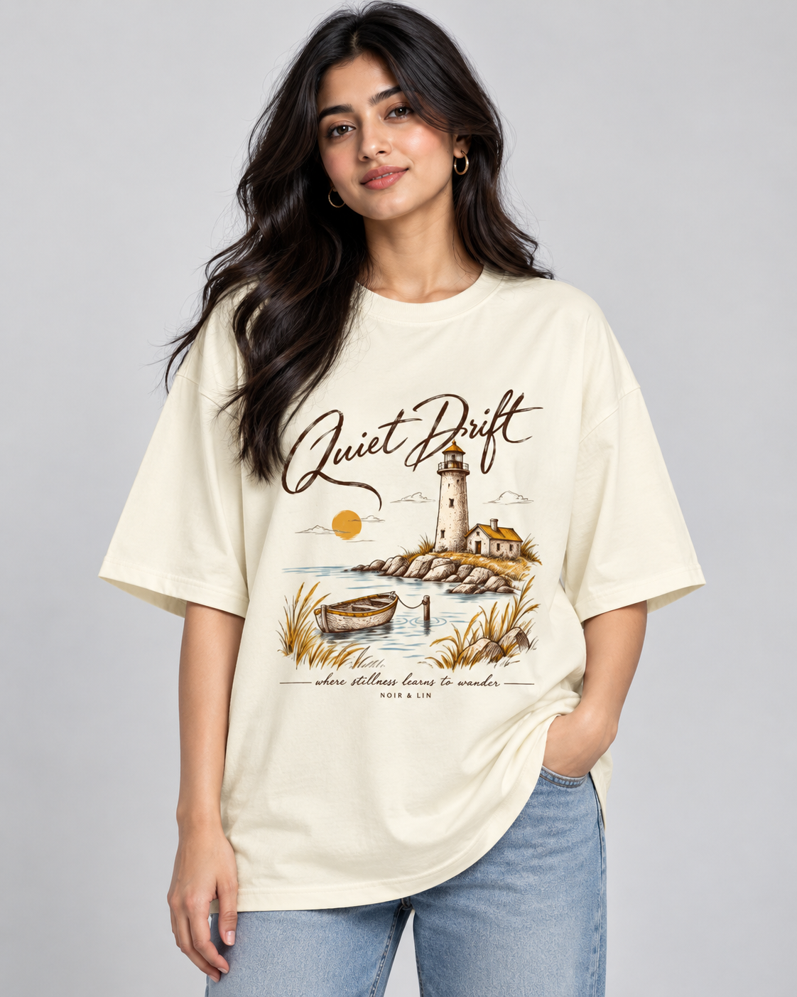 Quiet Drift Lighthouse off-white oversized graphic t-shirt, lifestyle model image 2