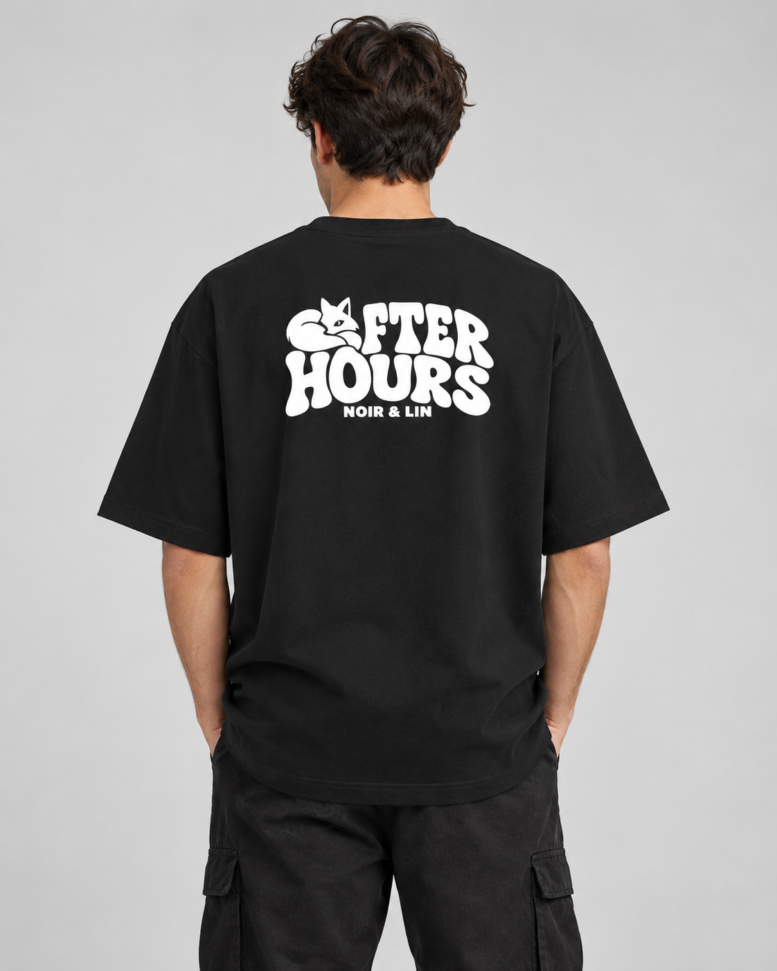 Noir & Lin AFTER HOURS Glow in the Dark oversized graphic tee in Black, model photo (AI-generated model image)