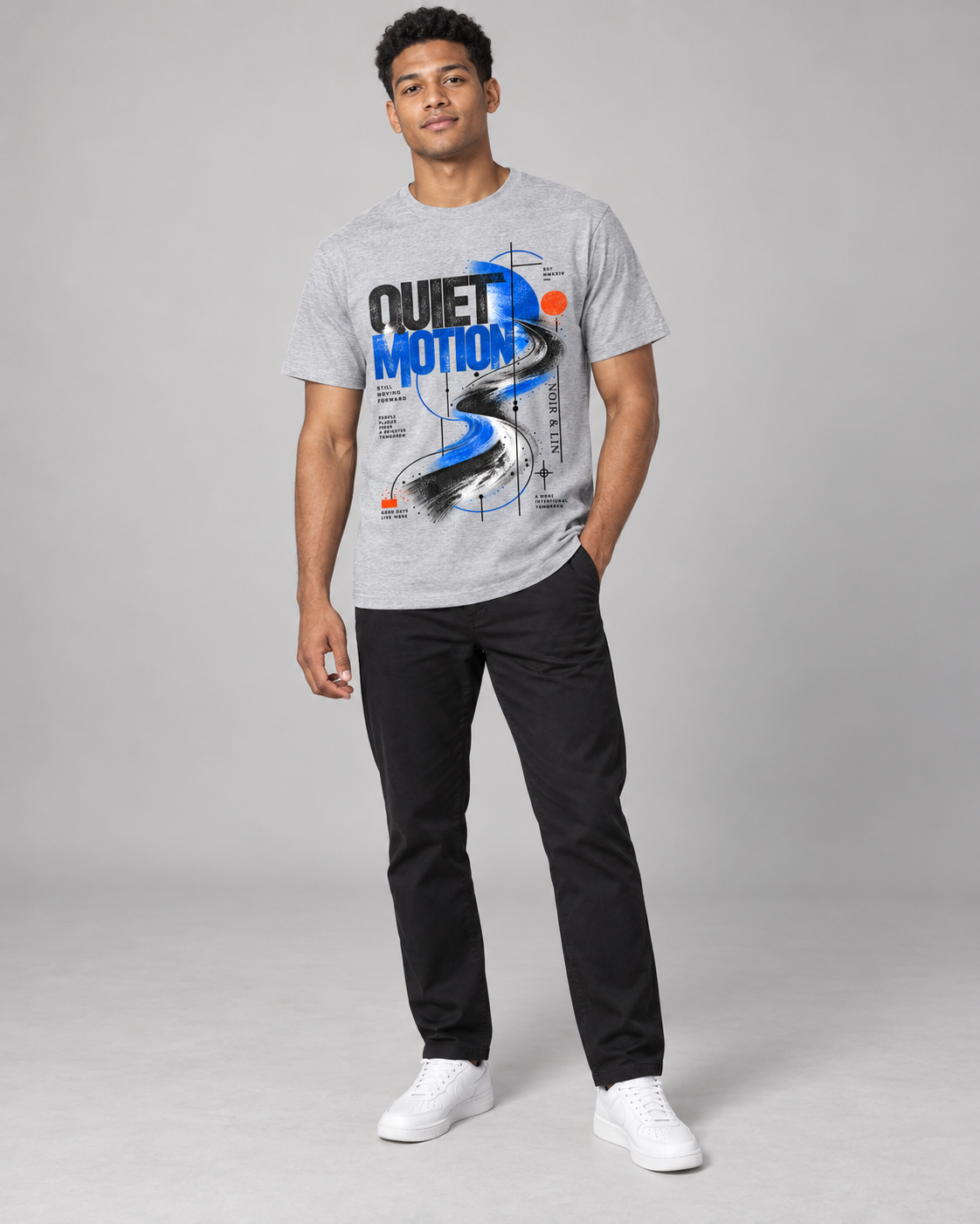 Noir & Lin Quiet Motion Graphic T-Shirt in Grey Melange - lifestyle mockup