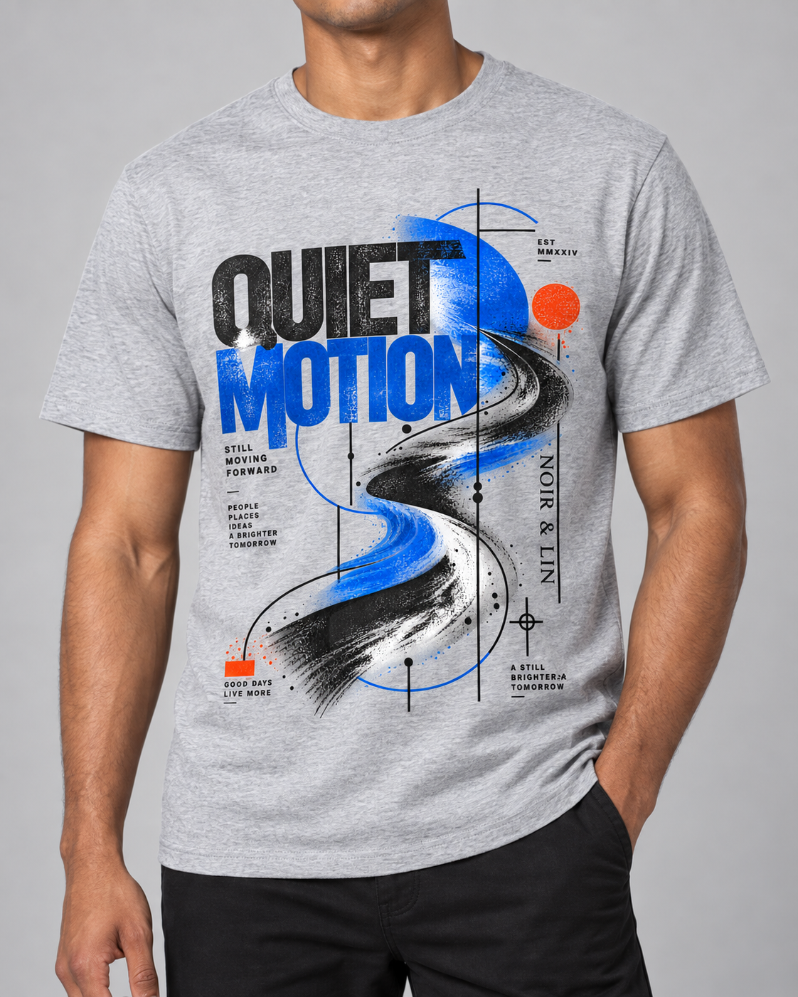 Noir & Lin Quiet Motion Graphic T-Shirt in Grey Melange - lifestyle mockup