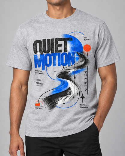 Noir & Lin Quiet Motion Graphic T-Shirt in Grey Melange - lifestyle mockup
