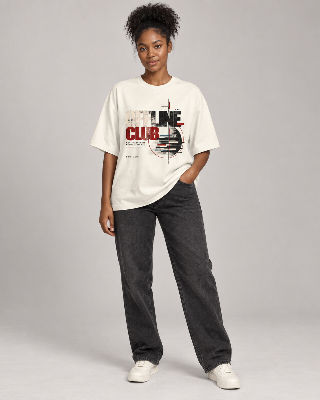 Noir & Lin Offline Club Oversized Graphic Tee in Off White - lifestyle mockup