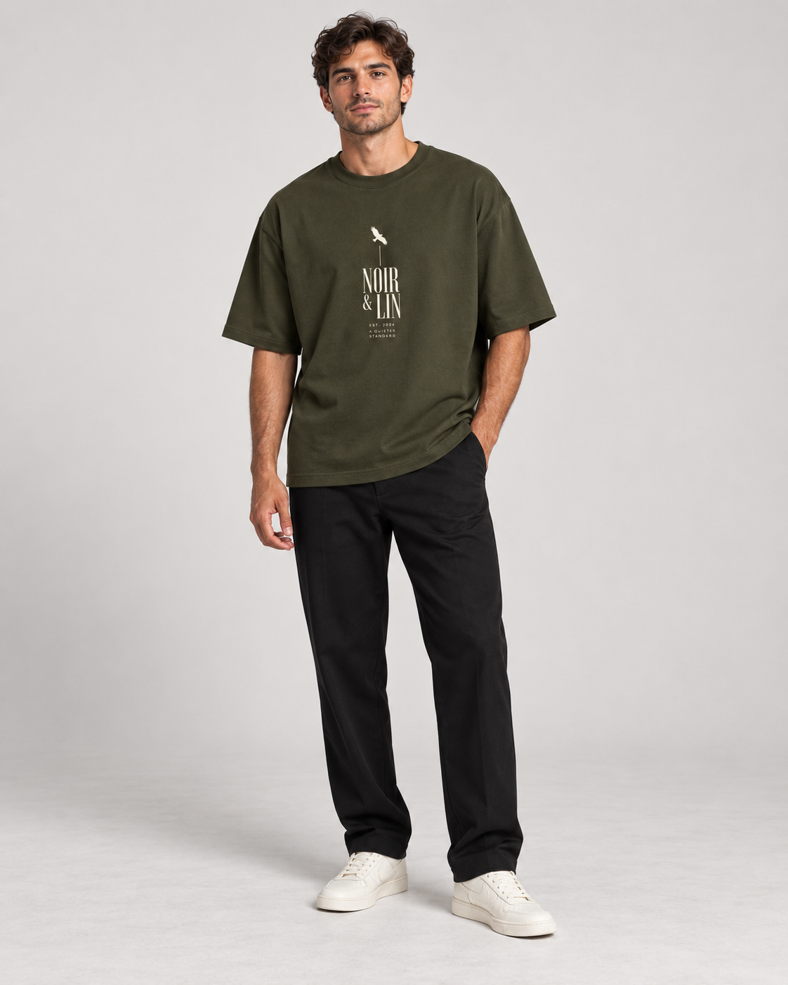 Noir & Lin A Quieter Standard Oversized Graphic Tee in Olive Green - lifestyle mockup