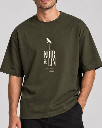 Noir & Lin A Quieter Standard Oversized Graphic Tee in Olive Green - lifestyle mockup