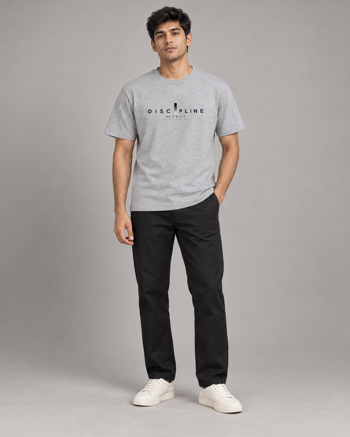Noir & Lin DISCIPLINE Graphic T-Shirt in Grey Melange - lifestyle mockup
