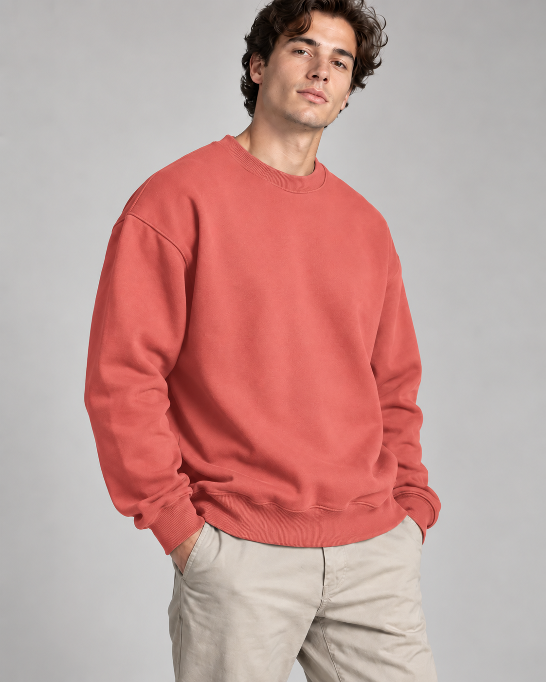 Coral solid crewneck sweatshirt, 300 GSM fleece | Noir & Lin