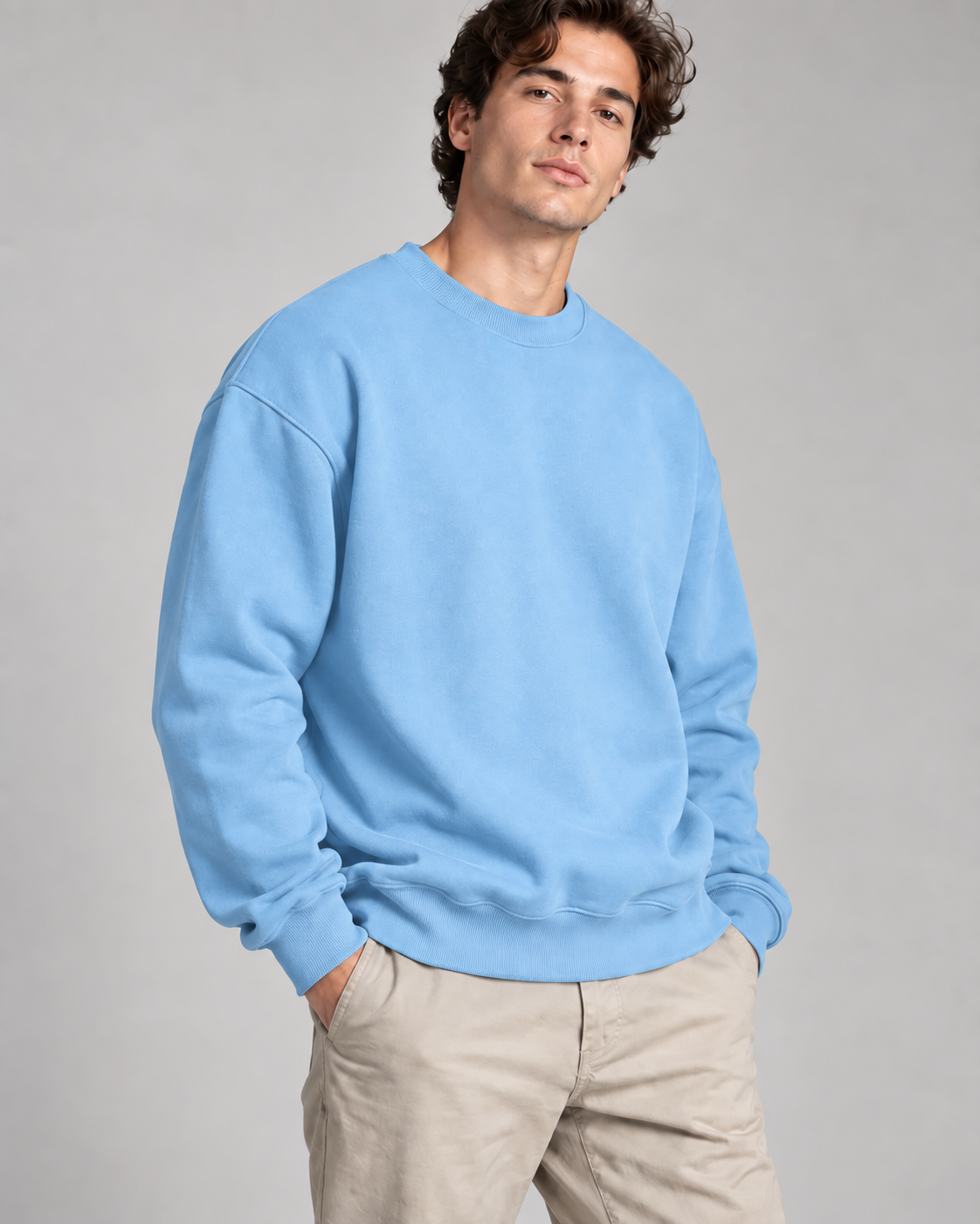 Baby blue solid crewneck sweatshirt, 300 GSM fleece | Noir & Lin