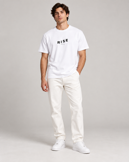 RISE unisex Supima cotton t-shirt in white, lifestyle shot