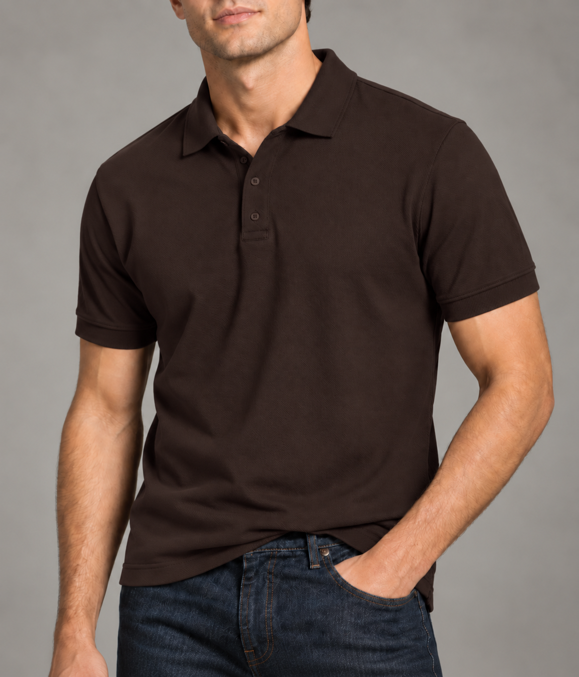 Men's solid polo t-shirt in Dark Brown, 220 GSM Airtex cotton, portrait | Noir & Lin