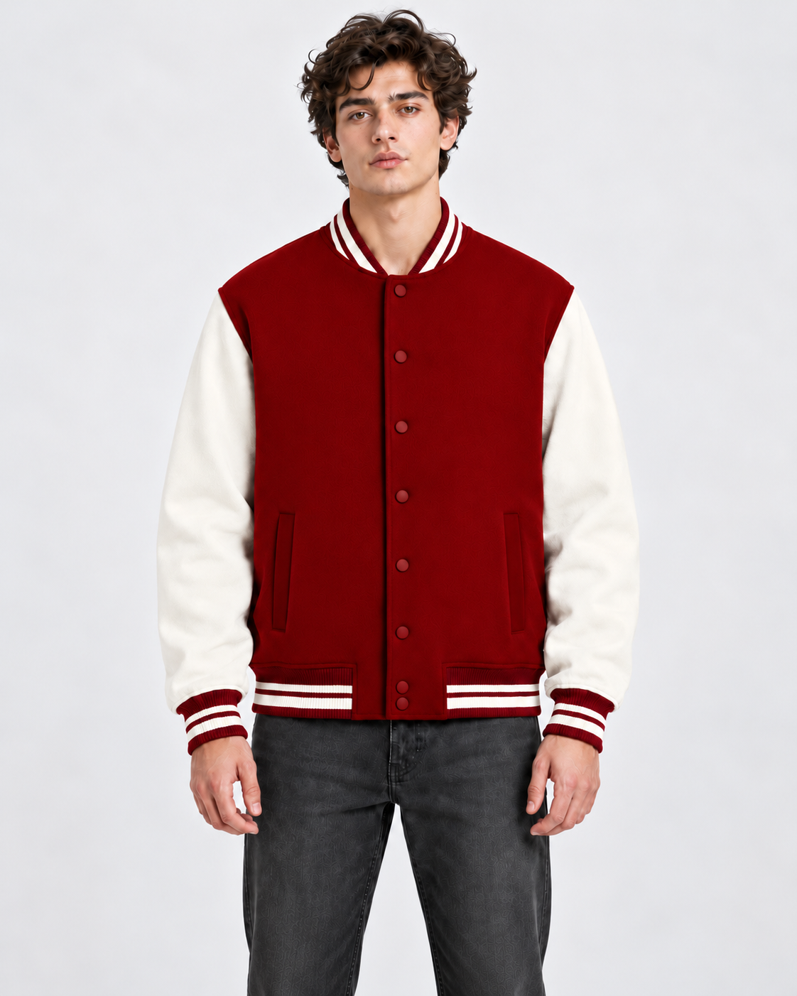 Noir & Lin varsity jacket in Red, model portrait (AI-generated model image)