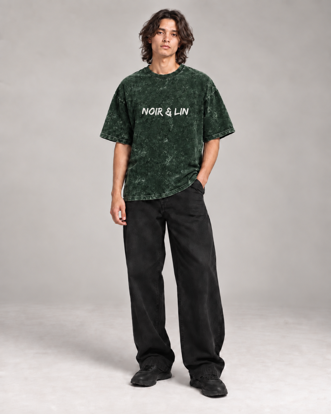 Noir & Lin Signature acid wash oversized tee in Bottle Green, 240 GSM, studio look