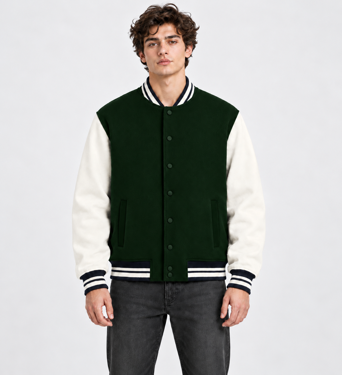 Noir & Lin varsity jacket in Bottle Green, model portrait (AI-generated model image)