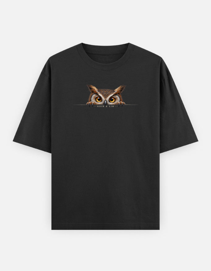 Noir & Lin OWL PEEK oversized graphic tee in Black, front view