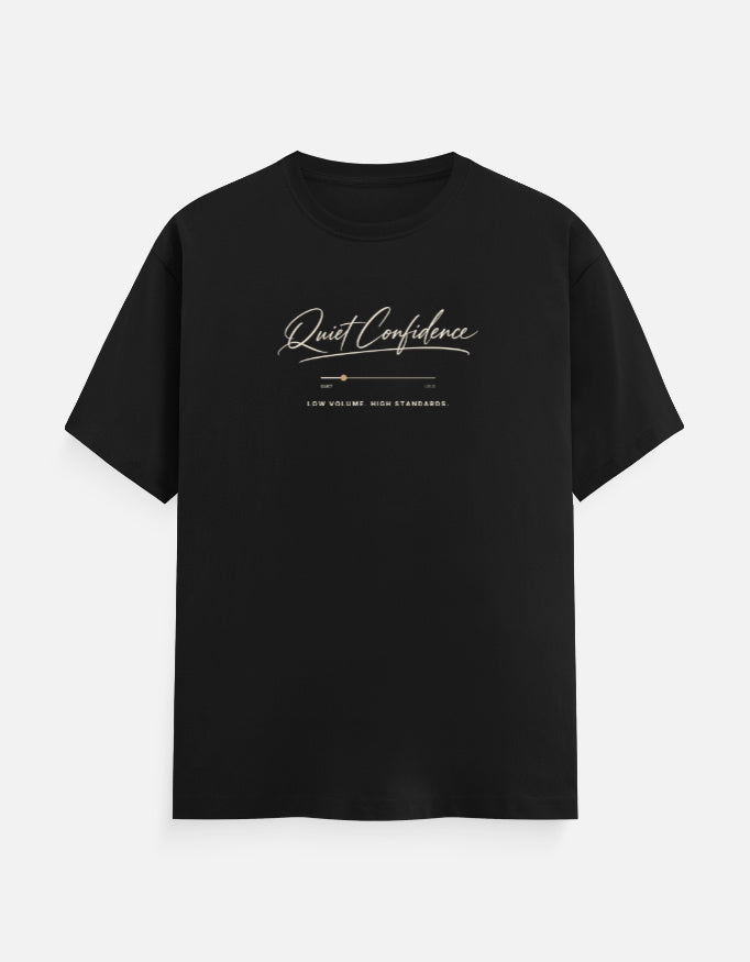 Noir & Lin Quiet Confidence graphic tee in Black, front view