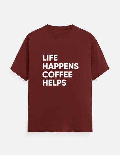 Life Happens, Coffee Helps Tee Unisex T-Shirt – Noir & Lin India Brick Red