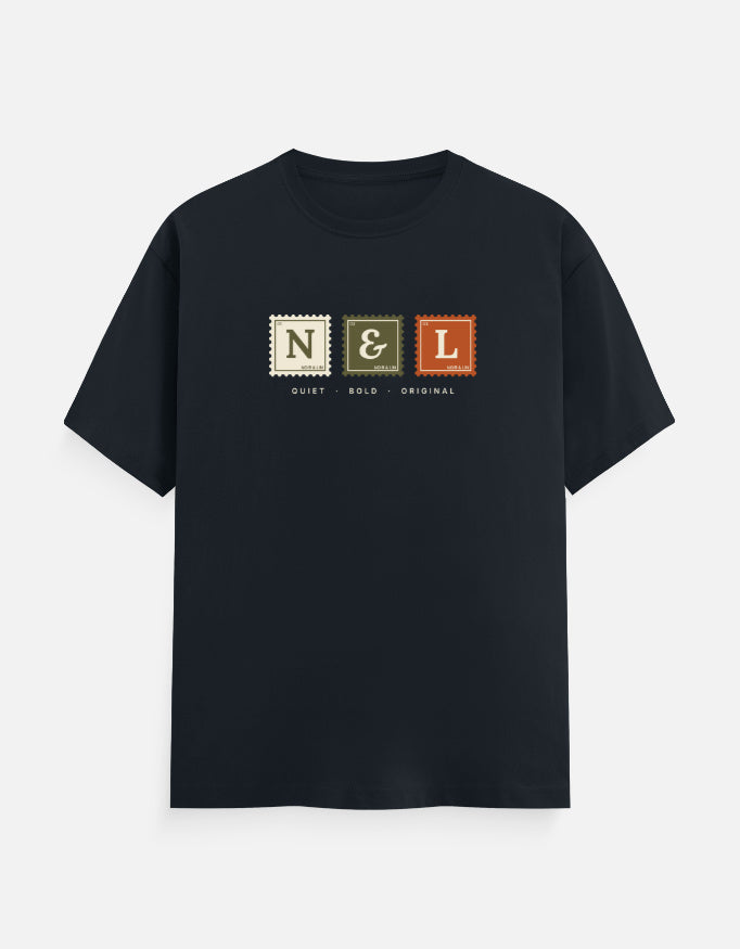 Noir & Lin First Edition Stamp Tee in Navy Blue, front view