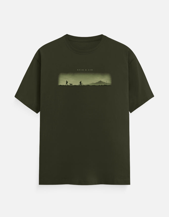 Noir & Lin Long Way Home graphic tee in Olive Green, front view
