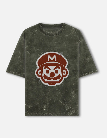 Retro Grunge Mario-Acid-Wash Oversized Tee – Noir & Lin India Olive Green