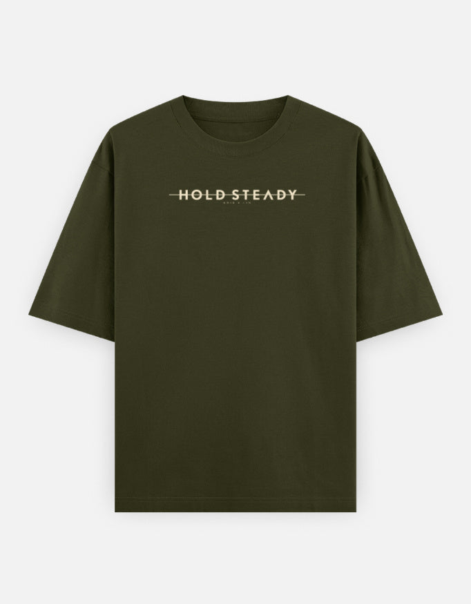 Noir & Lin HOLD STEADY oversized graphic tee in Olive Green, front view