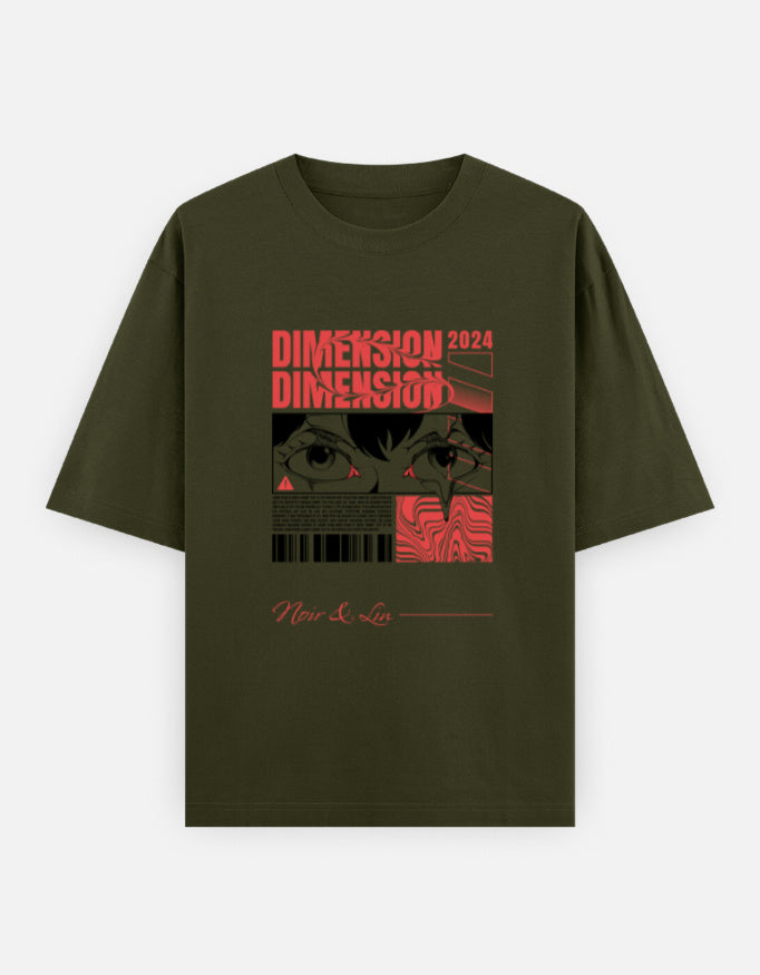 Dimension 2024 – Oversized Graphic Tee – Noir & Lin India Olive Green
